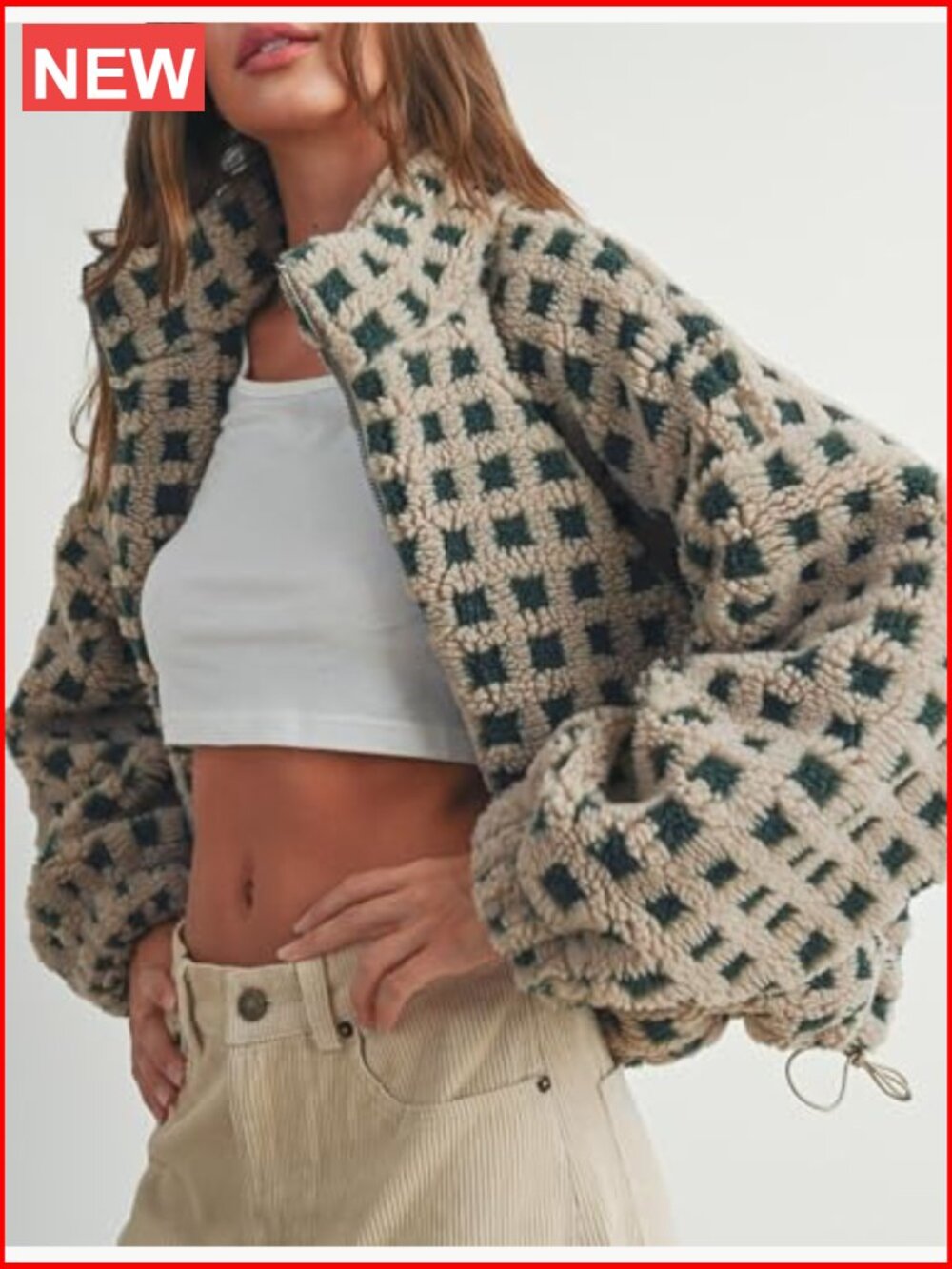 Cropped Sherpa Fleece Plaid Jacket Casual Teddy Fleece Outerwear Long Sleeve - Picture 4 of 7